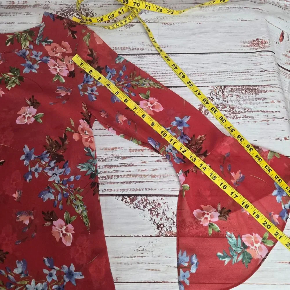 Cabi Devoted Red Floral Bell Sleeve Blouse S Sheer Lined Boho Festival Bloom Top